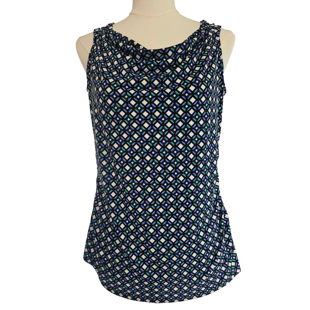 White House Black Market L Cowl Neck Sleeveless Top Blue Green Geo Print NWOT